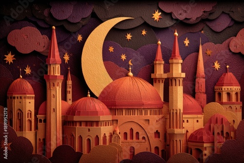 Stylized paper cut illustration depicts an ornate collection of religious buildings beneath a crescent moon and twinkling stars