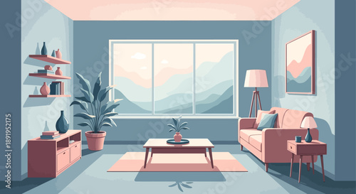 Stylish brightly lit living room interior with pink sofa, wooden coffee table, floor lamp, and large window overlooking a serene landscape, creating a cozy atmosphere.