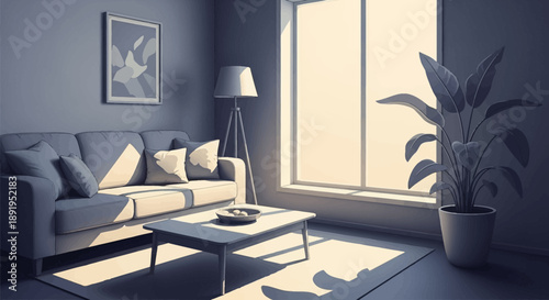 Modern minimalist living room interior with comfortable sofa, coffee table, floor lamp, and plants, bathed in warm sunlight creating a serene atmosphere.