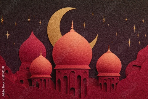 Stylized paper-cut illustration depicts multiple domed structures silhouetted against a dark starry night sky with a golden crescent moon