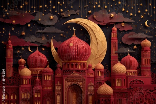 Ornate silhouette of an Islamic architectural complex illuminated against a starry night sky featuring a large crescent moon