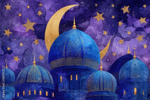 Vibrant blue mosque domes gleam beneath a shimmering golden crescent moon and stars