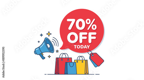 70% Off Shopping Spree at Local Stores, Graphic Design Style, Colorful Environment