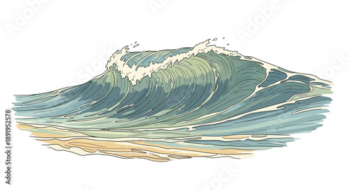 Large Powerful Ocean Wave Breaking on a Sandy Beach on Isolated White Background