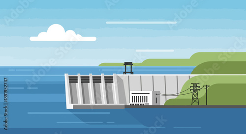 Hydroelectric Dam Generating Renewable Energy on a River with Green Landscape and Clear Sky