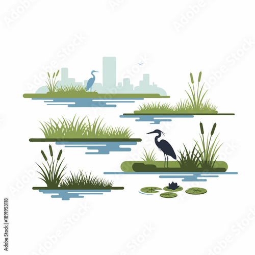 Herons and Wetland Flora Thriving near a Metropolis: Flat Design Ecosystem Illustration