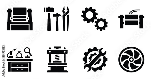 Mechanic equipment set featuring tools and machinery for automotive and engineering tasks