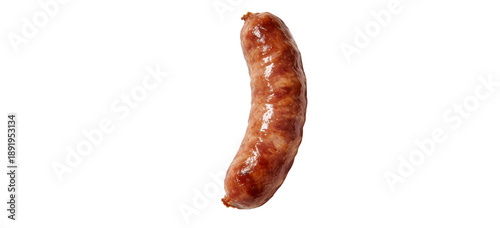 A single cooked sausage with a glossy, brown, curved surface. Ideal for culinary contexts, showcasing texture and savory appearance. Suitable for food, cooking, and meat-related themes.