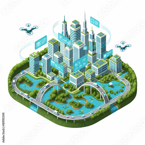 Sustainable Smart City operating seamlessly with Wetlands and Green Infrastructure in Isometric 3D.