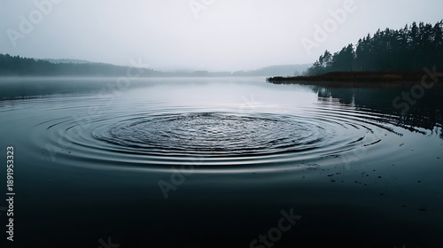 still lake with circular ripples, silence after movement, serene mood, natural light, poetic minimal landscape