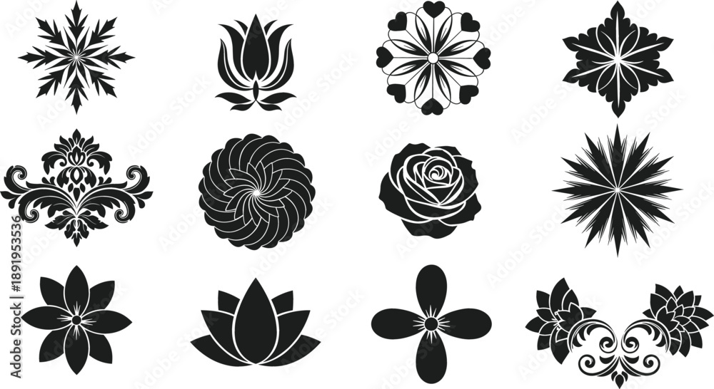© MDSOBUJ - Ornamental floral mandala and lotus vector icon set with decorative botanical black silhouette designs