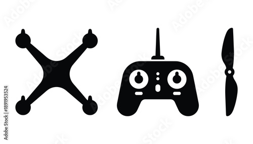 Set of black drone controller and propeller icon isolated on transparent background vector design