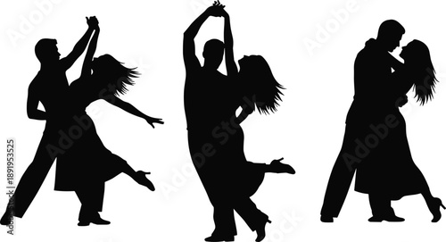 Romantic dancing couple silhouettes showing elegant partner dance, love, passion and emotional connection isolated on white background for creative design