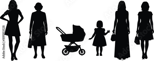 Female silhouette family set showing woman, mother, child and baby stroller in different life stages isolated on white background