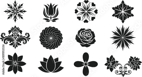 Ornamental floral mandala and lotus vector icon set with decorative botanical black silhouette designs