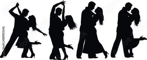 Romantic couple dancing silhouette set showing passion, love and elegant partner dance poses isolated on white background for design use