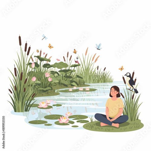 Woman Meditating Peacefully by a Serene Wetland Pond with Water Lilies and Reeds Illustration