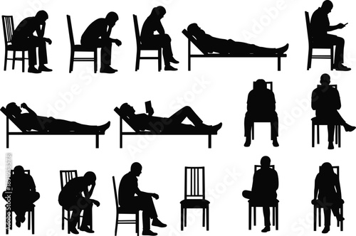 Man silhouette set showing sitting, thinking, resting, reading and mobile phone use on chairs and bed, human posture collection