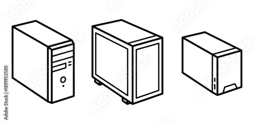 Set of computer case server and workstation vector line drawing illustration technical design