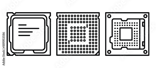 Set of cpu socket vector line drawing illustration motherboard computer processor chip technology