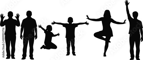 People and children silhouettes expressing freedom and joy through body poses illustrating happiness, movement, balance, family lifestyle, human expression concept