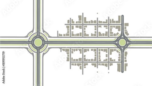 Aerial view of urban intersection with roundabouts and residential blocks