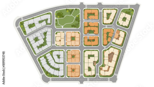 Top-down aerial view of a modern urban planning project showing residential blocks and green spaces