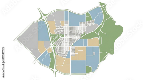 Urban planning map showing zones of development and green spaces in a city