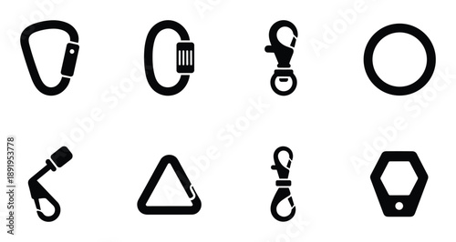 Set of metal carabiner rings and clasps for climbing hiking fastening connection and securing