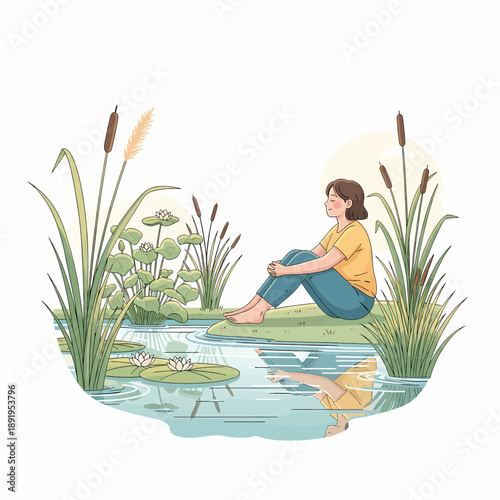 Woman Sitting Peacefully Reflecting by Wetland Pond with Cattails and Lily Pads Vector Art
