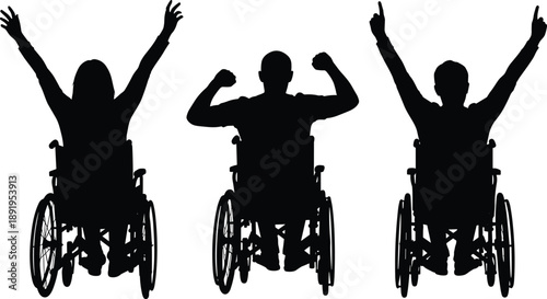 Wheelchair user silhouettes celebrating success and strength illustrating disability empowerment, inclusion, achievement, independence, motivation, resilience, equality, positive mindset concept