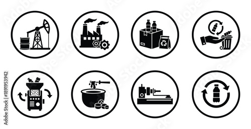 Stages of plastic recycling industry vector illustration with manufacturing reuse and collection