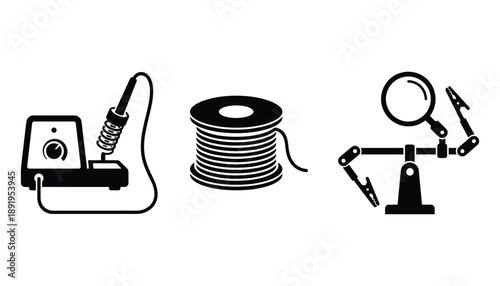 Soldering station spool of solder wire and helping hand icon isolated on transparent vector design