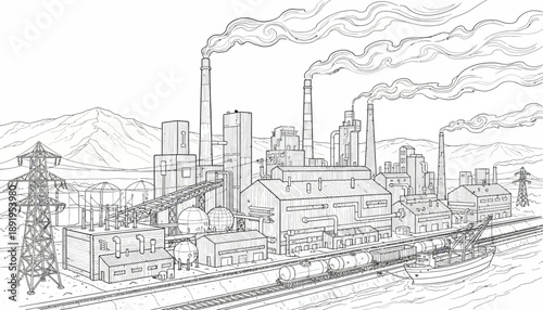 Industrial Action Scene, Factories and Ships, Coastal Area, Illustration View