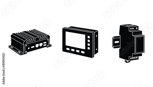 Various electric industrial automation control panels front and side view vector illustration