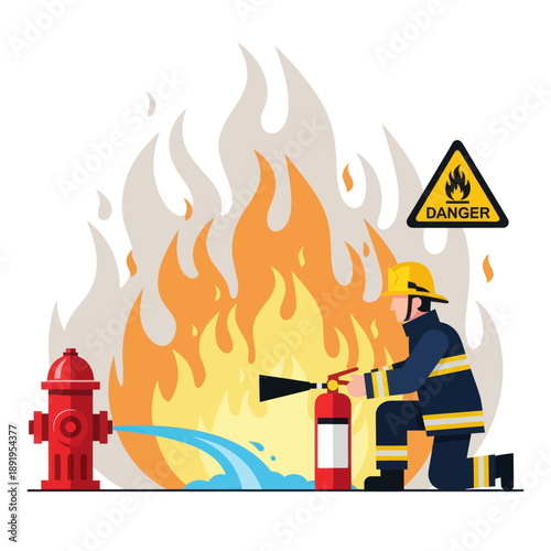 Firefighter Fighting Fire with Fire Extinguisher.