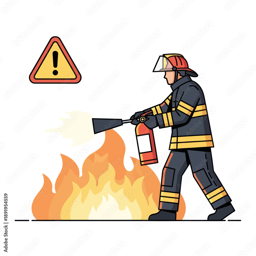 Obraz premium Firefighter using fire extinguisher on flames.