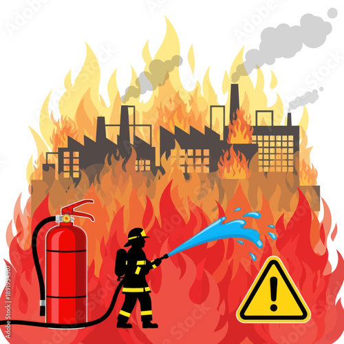 Firefighter Fighting Fire with Extinguisher.