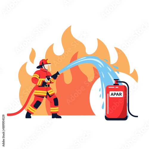 Firefighter Fighting Fire with Extinguisher.