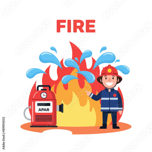 Firefighter Standing Near Fire Extinguisher and Fire.