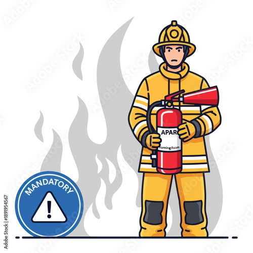 Firefighter in Yellow Uniform with Extinguisher.