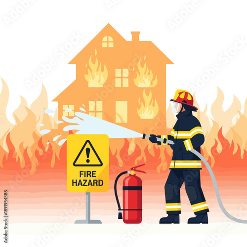 Firefighter Fighting House Fire with Equipment.