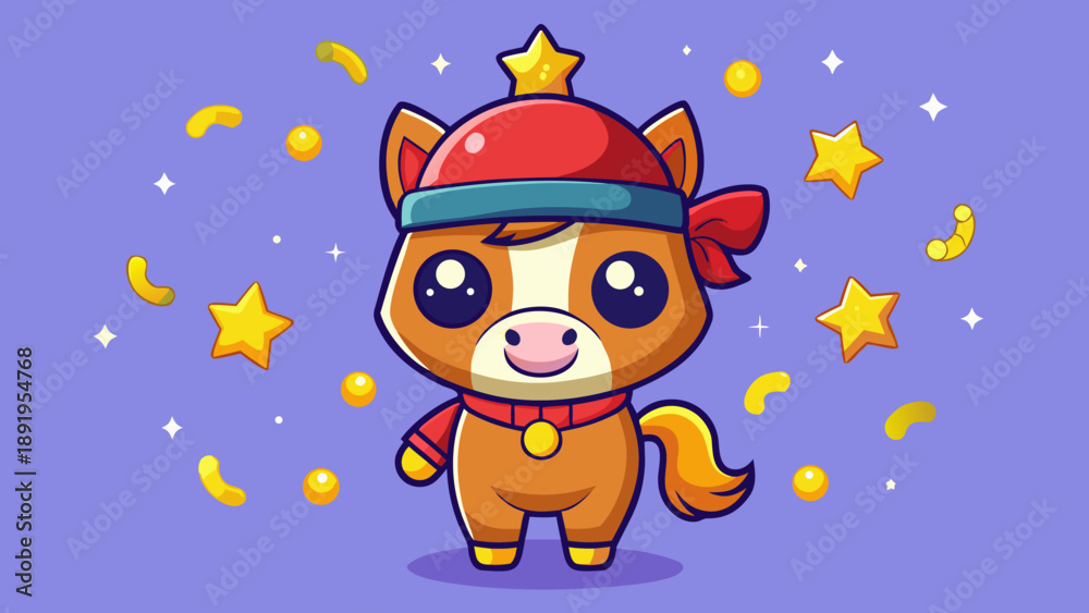 Naklejka premium Chibi horse wearing a tiny festive hat, surrounded by coins and stars