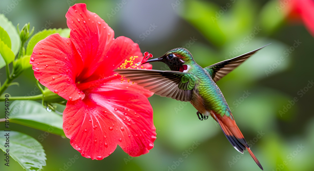 Fototapeta premium Colorful Hummingbird Sucking Nectar from Hibiscus in Tropical Garden