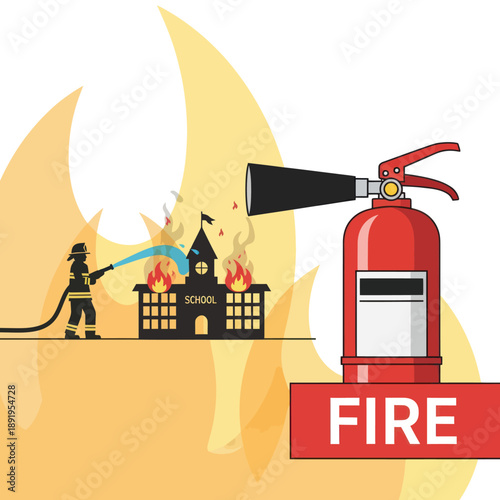 Fire Extinguisher Illustration with Firefighter and Building on Fire.