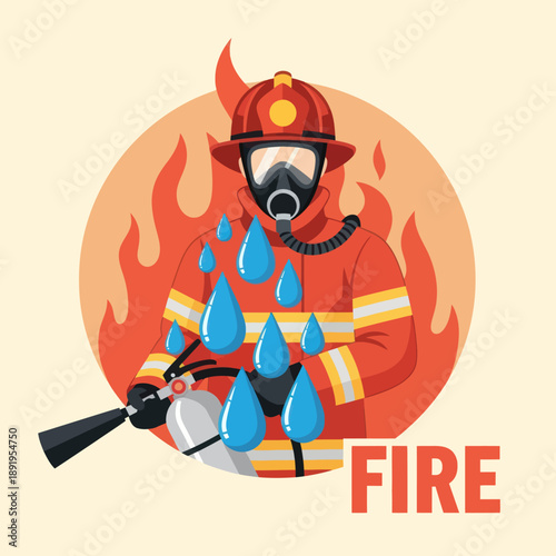 Firefighter in Action with Water Droplets.