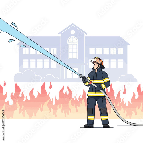 Firefighter Fighting Fire with Hose.