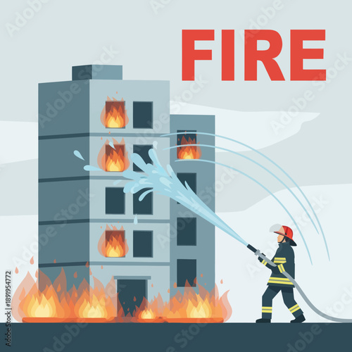 Firefighter Fighting Fire in Burning Building.