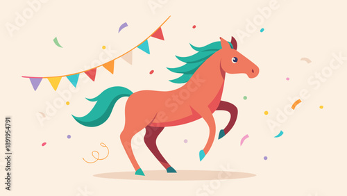Cute horse jumping lightly with festive streamers and sparkles, clean minimal background