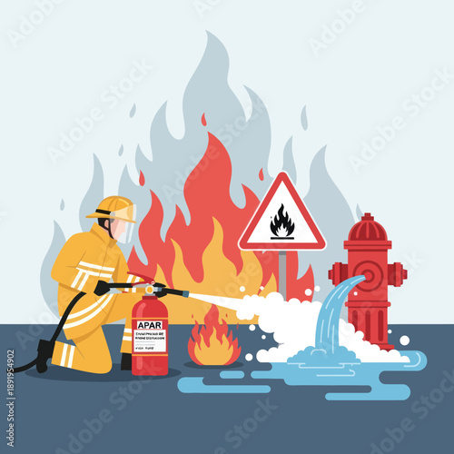 Firefighter in Action with Fire Hydrant.
